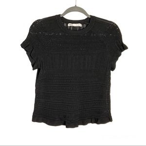 Zara Pointelle Open Knit Short Sleeve Top Medium Black